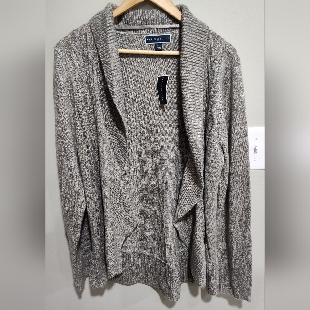 New - Karen Scott Turbo Cardigan Open Shawl, Gull  Marl, Size XL, New With Tags